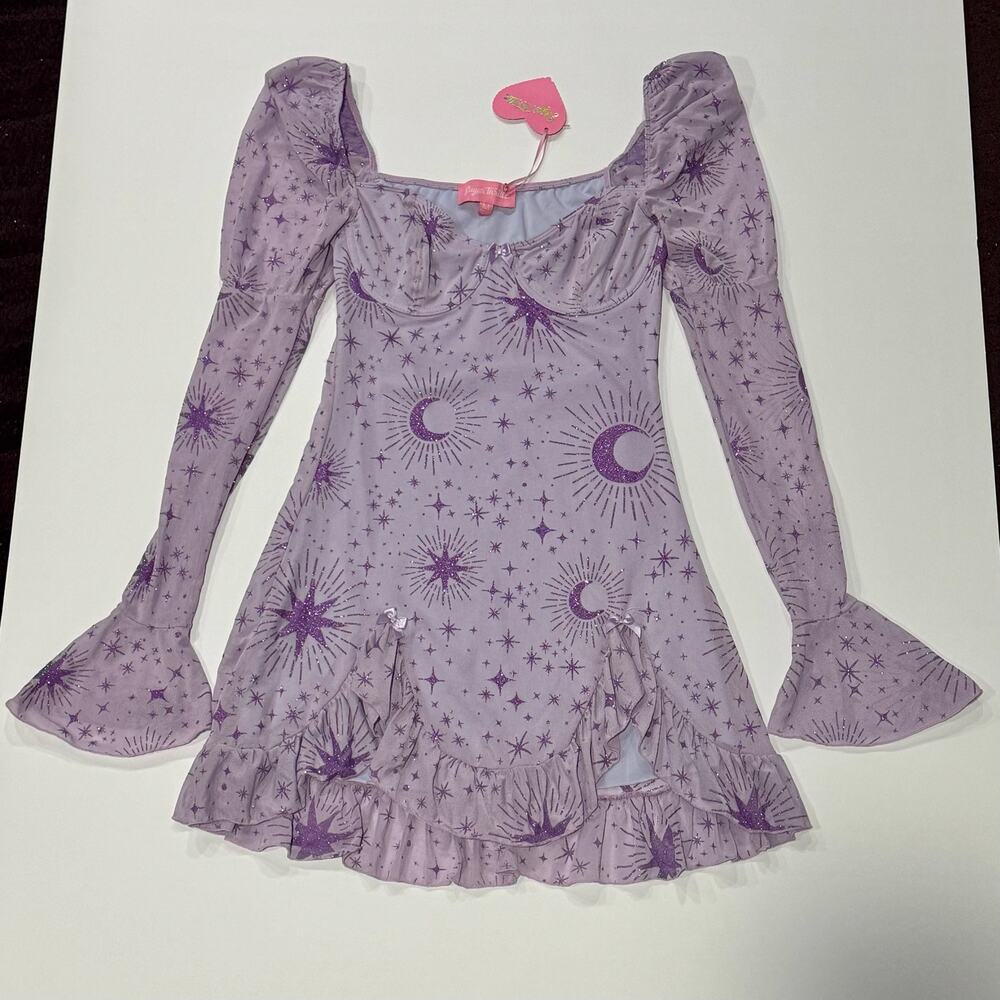 Celestial Moon Star Glitter Mesh Mini Dress Sugar Thrillz NWT M